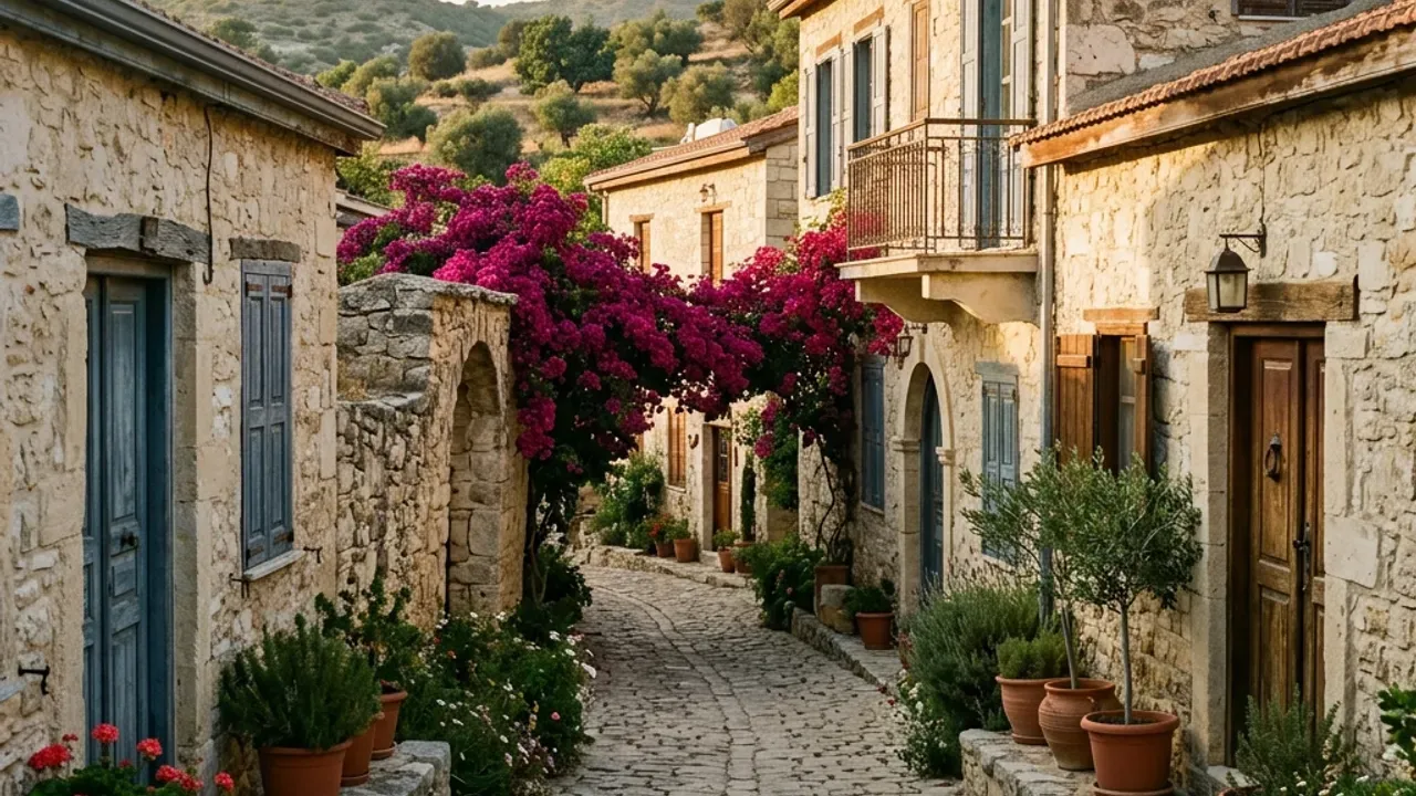 Smal stengränd med blommande bougainvillea