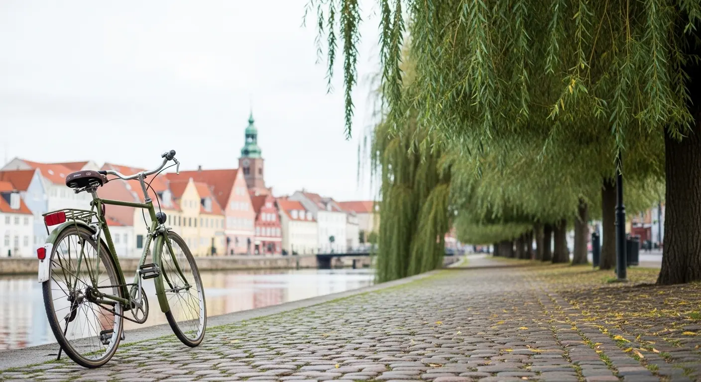 Klassisk cykel parkerad vid lugna Odense Å i Danmark - en inspirerande bild för dig som planerar att flytta till Odense