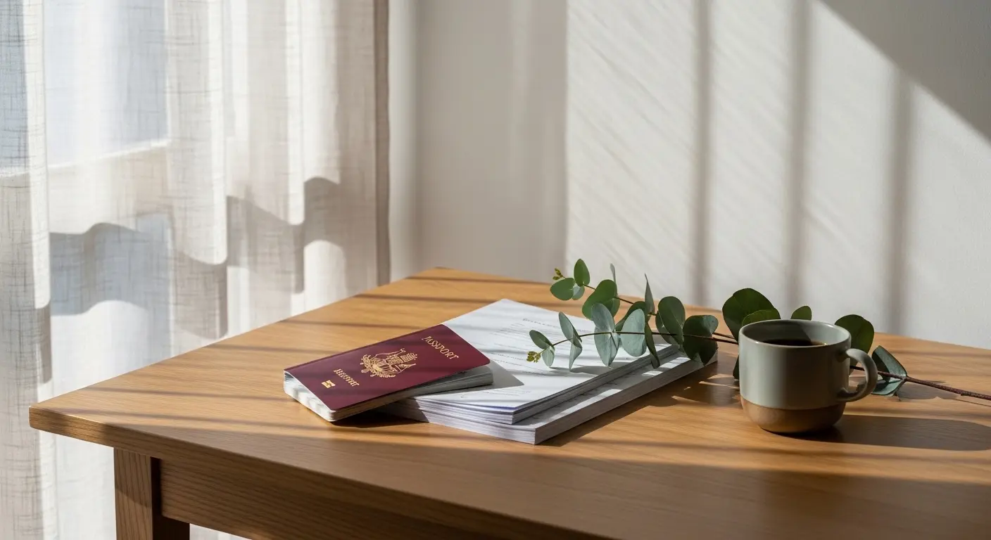 Ett pass och dokument på ett ljust minimalistiskt skrivbord med en eukalyptuskvist, som symboliserar planering och ansökan av visum för utvandring till Australien och Perth.