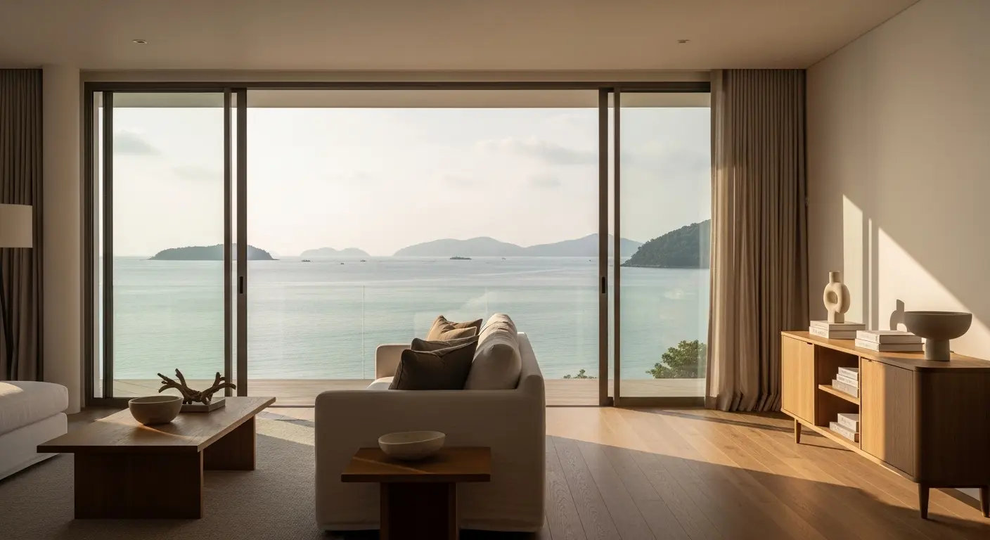 Exklusiv och ljus lägenhet med havsutsikt i Phuket, representativ för den thailändska bostadsmarknaden och möjligheter att hyra eller köpa fastighet.