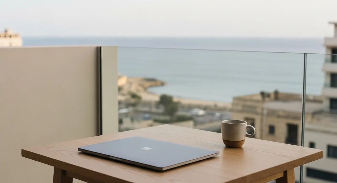 Havsutsikt från en modern lägenhet i Sliema, Malta, med en laptop på balkongbordet som symboliserar arbete och boende för svenskar som flyttar utomlands.