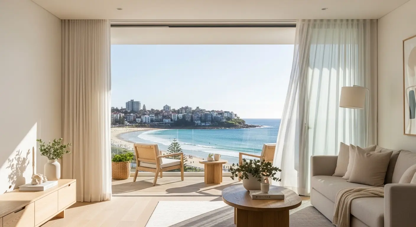 Ljus och exklusiv lägenhet med balkong och havsutsikt i Sydney. Illustration för bostadsmarknaden, hyreskostnader och boende i områden som Bondi och Manly.