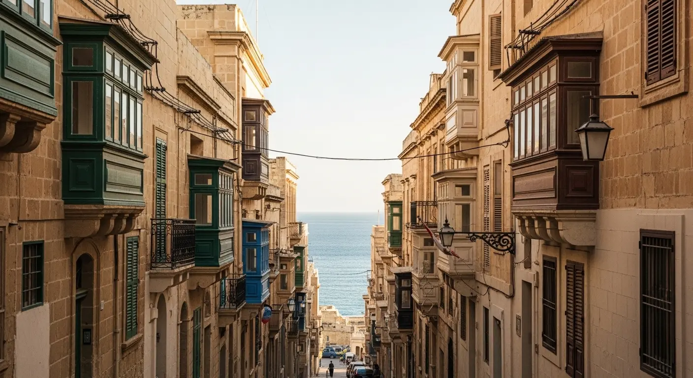 Historisk arkitektur med gyllene kalksten och traditionella träbalkonger i Valletta, Malta - en inspirerande medelhavsmiljö för dig som planerar att flytta utomlands.
