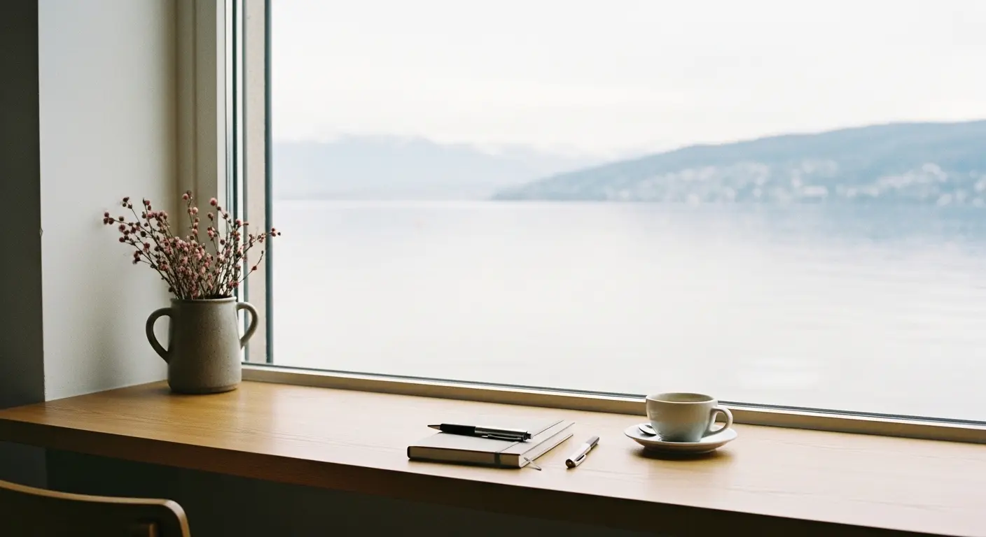 Ett anteckningsblock och en kaffekopp på ett minimalistiskt bord med rogivande utsikt över Zürichsjön, som symboliserar planering och nätverkande för svenskar som ska flytta till Zürich.